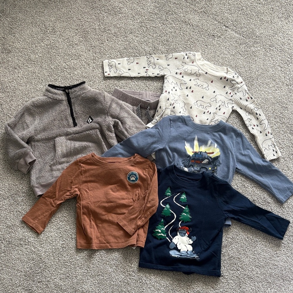 18 MONTHS BUNDLE! long sleeve onesies, shirts, Volcom sweater & pants set